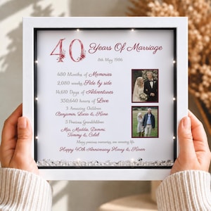 May include: A white square shadow box frame with internal LED lights containing a personalized 40th anniversary print. The design features text detailing years of marriage, two photographs of a couple, and names of children and grandchildren.