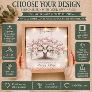 Personalised Family Tree Frame, Oak or White, LED Lights, Custom Names, Keepsake Gift