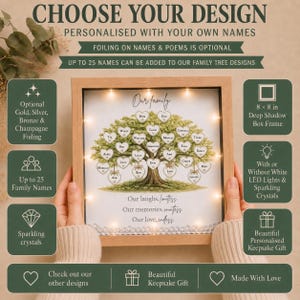 Personalised Family Tree Frame, Oak or White, LED Lights, Custom Names, Keepsake Gift