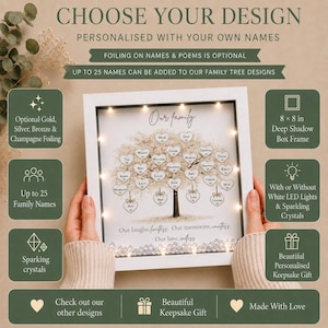 Personalised Family Tree Frame, Oak or White, LED Lights, Custom Names, Keepsake Gift