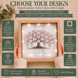 Personalised Family Tree Frame, Oak or White, LED Lights, Custom Names, Keepsake Gift