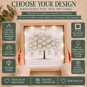 Personalised Family Tree Frame, Oak or White, LED Lights, Custom Names, Keepsake Gift
