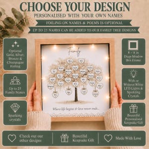 Personalised Family Tree Frame, Oak or White, LED Lights, Custom Names, Keepsake Gift