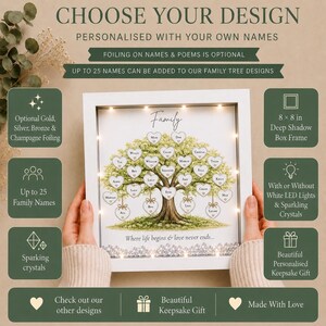 Personalised Family Tree Frame, Oak or White, LED Lights, Custom Names, Keepsake Gift
