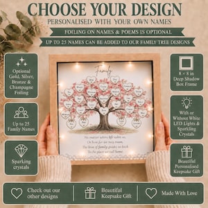 Personalised Family Tree Frame, Oak or White, LED Lights, Custom Names, Keepsake Gift