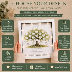 Personalised Family Tree Frame, Oak or White, LED Lights, Custom Names, Keepsake Gift