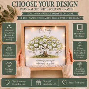 Personalised Family Tree Frame, Oak or White, LED Lights, Custom Names, Keepsake Gift