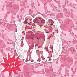 May include: Three roller derby athletes wearing pink and white uniforms with knee pads and roller skates. The athletes are standing together with their arms around each other. The image is a die-cut sticker with a pink and white floral design.