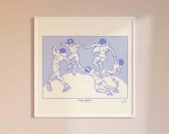 May include: A framed art print featuring a blue and white illustration of roller derby skaters in a circle. The skaters are wearing helmets and protective gear. The text "THE SKATE" is at the bottom of the print.