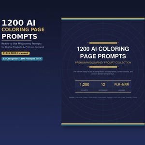 May include: A dark blue graphic with the text "1200 AI COLORING PAGE PROMPTS" in white and yellow. The graphic also includes the text "Ready-to-Use Midjourney Prompts for Digital Products & Print-on-Demand" and "PLR & MRR Licensed".