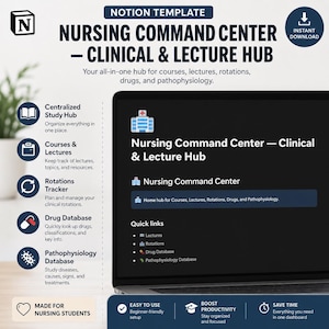 May include: A digital Notion template titled "Nursing Command Center - Clinical & Lecture Hub" for nursing students. The template includes sections for courses, lectures, rotations, and a drug database. The design is dark with white and blue accents.