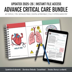 Puede incluir: Un cuaderno abierto con espiral y una tableta que muestran información médica. El cuaderno presenta ilustraciones de un corazón y pulmones con el texto "HELP ME!". La tableta muestra gráficos y texto. El título dice "ADVANCE CRITICAL CARE BUNDLE".