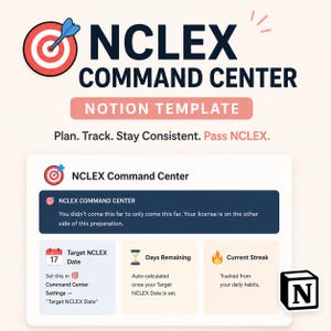 以下が含まれることがあります： ターゲットグラフィックを備えた「NCLEX Command Center」というタイトルのデジタルNotionテンプレート。テンプレートには、進捗状況を追跡するためのセクションが含まれており、「計画。追跡。一貫性を保つ。NCLEXに合格する。」というテキストが表示されます。