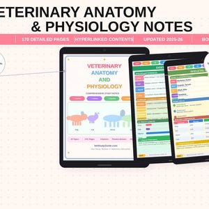 Könnte beinhalten: Drei Tablets mit Notizen zur Veterinäranatomie und -physiologie. Die Tablets zeigen den Text "Veterinary Anatomy and Physiology" und "Comprehensive Study Notes". Die Tablets zeigen auch den Text "26 Topics", "170 Detailed Pages" und "Updated 2025-26".