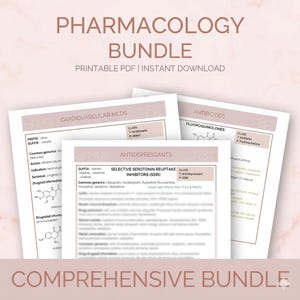 Puede incluir: Un completo paquete de farmacología en formato PDF. La imagen muestra varias páginas con títulos como "Medicamentos cardiovasculares", "Antibióticos" y "Antidepresivos". El texto incluye nombres de medicamentos y clasificaciones. Descarga instantánea.