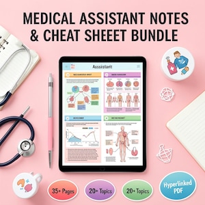 May include: A pink background with a tablet displaying medical diagrams, a stethoscope, pen, and notepad. Text at the top reads "MEDICAL ASSISTANT NOTES & CHEAT SHEEET BUNDLE." Additional text includes "35+ Pages," "20+ Topics," and "Hyperlinked PDF."
