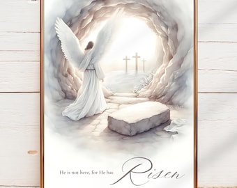 Citazione "È Risorto", Stampa digitale di un angelo sulla tomba vuota, Arte stampabile cristiana, Bibbia, Matteo 28:6, Stampa minimalista, Decorazioni per il Venerdì Santo
