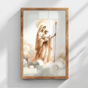 May include: Watercolor painting of a religious figure holding a child, framed in a wooden frame. The figures are depicted in flowing robes, surrounded by clouds and a golden halo. The artwork features soft, warm tones.
