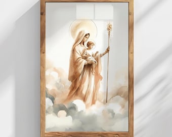 May include: Watercolor painting of a religious figure holding a child, framed in a wooden frame. The figures are depicted in flowing robes, surrounded by clouds and a golden halo. The artwork features soft, warm tones.
