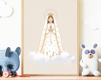 May include: A framed illustration of a figure with a halo, wearing a white gown and veil, with hands clasped in prayer. The figure stands on a cloud, with a rosary and floral details. The artwork has a light beige background.