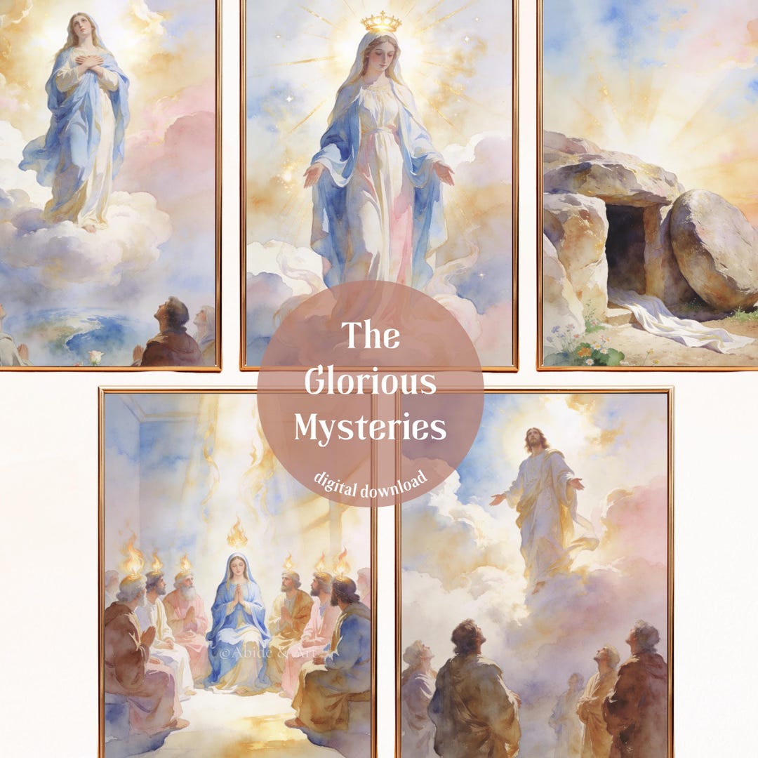 Glorious Mysteries Rosary Digital Wall Art Set | 5 Catholic Watercolor ...