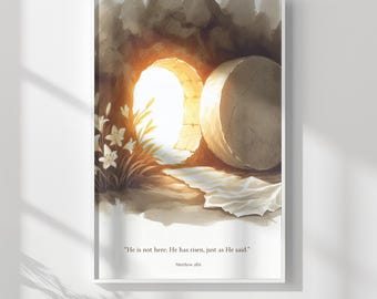 Stampa digitale acquerello tomba vuota, arte cristiana pasquale, è risorto, versetto biblico Matteo 28:6, stampa minimalista, opera d'arte del Venerdì Santo