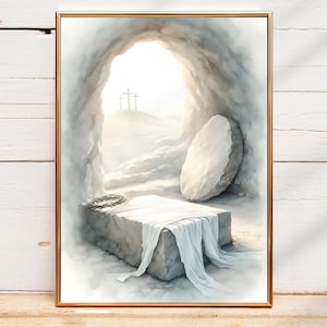 May include: A watercolor painting depicting the empty tomb of Jesus Christ. The stone has been rolled away, revealing a white cloth inside. Two crosses are visible in the distance, with a bright light shining from behind them.