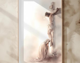 May include: A watercolor painting depicting a woman kneeling in prayer before a figure of Jesus Christ on the cross. The painting is done in soft, muted tones of beige and brown, with a light background.