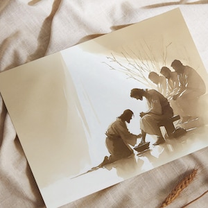Puede incluir: Una pintura de acuarela que representa una escena de la Biblia, donde Jesús lava los pies a uno de sus discípulos. La pintura está realizada en tonos marrones y blancos, con un toque suave y etéreo. Las figuras están representadas en un estilo simple pero expresivo.