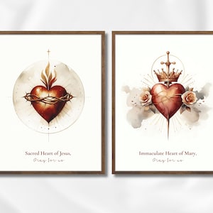 Sacred Heart und Unbeflecktes Herz Set, Jesus & Mary Print Duo, katholische Aquarell Wandkunst, minimalistisches christliches Wohndekor, Dorn und Rose