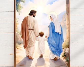 Holy Family Watercolor Digital Print, Jesus Mary and Joseph Walking Together, Catholic Wall Art, Christian Home Decor, Family Blessing Art