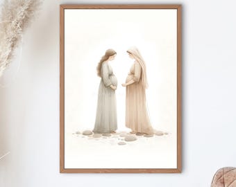 The Visitation Catholic Art Print, Mary and Elizabeth, 2nd Joyful Mystery, Luke 1:39-56, Rosary Inspired Marian Wall Decor, Catholic Gift