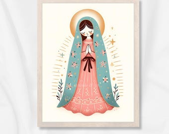 Impresión de Nuestra Señora de Guadalupe, arte infantil católico minimalista bohemio, decoración de pared digital católica para habitación infantil, regalo de la Virgen María para niña.