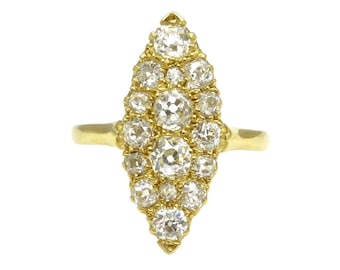 Antique 18ct gold old cut diamond marquise cluster ring c1900 ~ 1.42ct - with independent appraisal