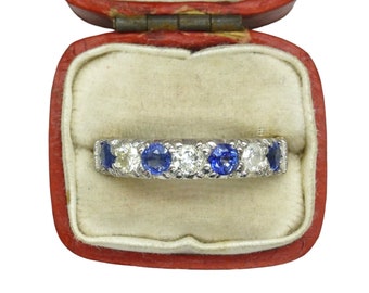 Anello vintage a mezza eternità con sette pietre di zaffiro blu fiordaliso da 9 ct e diamante da 0,35 ct - fede nuziale