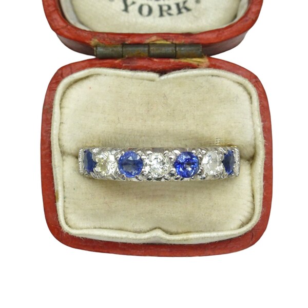 Vintage 9ct cornflower blue Sapphire & Diamond 0.35ct seven stone half eternity ring ~ wedding band