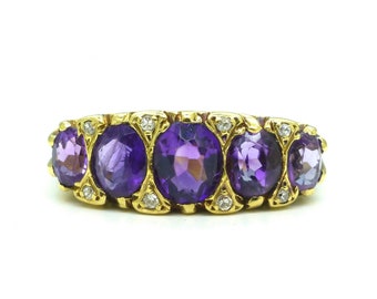 Vintage 18ct gold amethyst diamond five stone ring Chester hallmark 1959 ~ Victorian style