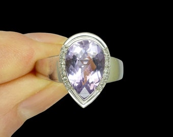 Vintage 9ct white gold faceted pear cut Amethyst 4.50ct & Diamond ring