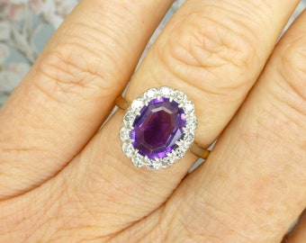 Vintage 18ct & Platinum oval Amethyst diamond cluster halo ring c1930's