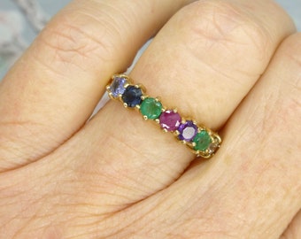 Vintage 9ct gold 'DEAREST' seven stone gemstone half eternity band ~ Anniversary ring