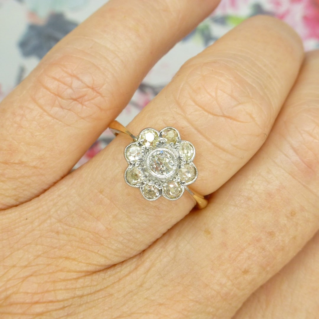 Antique Old Mine Cut Diamond Cluster Ring Vintage Engagement