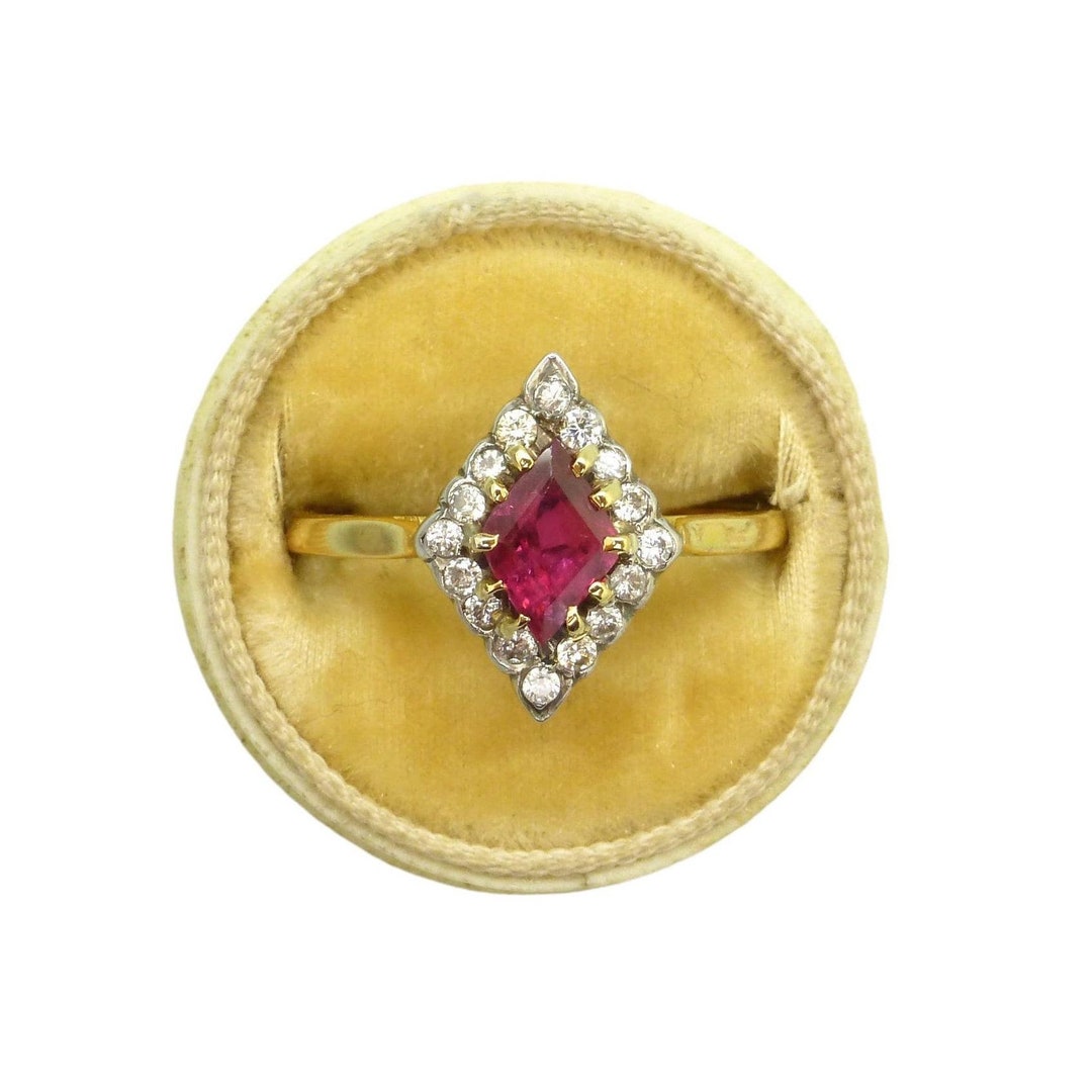 Antique Art Deco 18ct Verneuil Ruby Diamond Halo Cluster Ring
