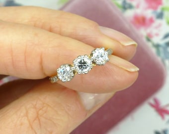 Antique Edwardian Old transitional cut diamond three stone trilogy ring 0.85ct c1910s ~ 1920's