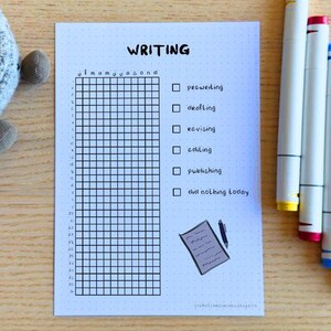 May include: A black and white printable writing tracker with a grid and a list of writing tasks: "prewriting", "outlining", "writing", "revising", "editing", "publishing", and "submitting/entering lottery".