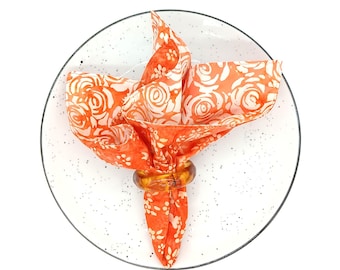 Handmade Reversible Cotton Napkins, Set of 4, Coral & Orange Batik, Eco-Friendly Cloth Table Linens