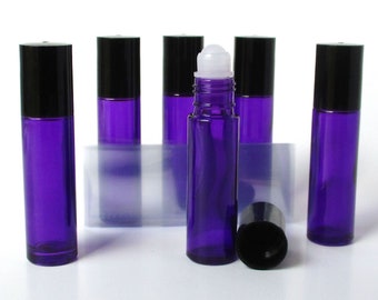 10 ml Purple Glass Roller Bottles with Shrink Bands - Set of Six 0.35 ounce Roll On Perfume Bottles