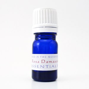 A cobalt blue glass bottle of rose essential oil. The shape of the bottle is squat and the cap is ribbed and white. It is labeled Man in the Moon Herbs Rosa Damascena Essential Oil.