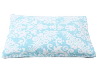 Microwavable Heat Pack - Soothing Rice Filled Heat Pad - Aqua Damask Flannel Cover - Handmade Comfort - 7x 4 1/2 inches