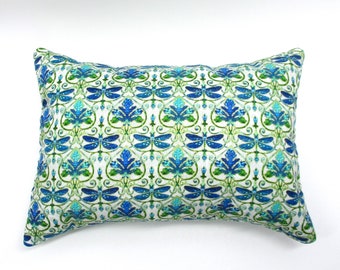 Blue and Green Dragonfly Pillow - Buckwheat Throw Pillow with Lavender 12 x 8 1/2 inch Accent Pillow