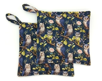 Owl Potholders, Set of 2 Blue Woodland Hot Mats